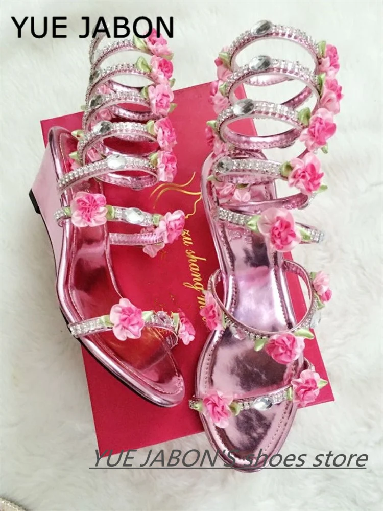 Sexy High Heels Women Sandals Fairy 2024 New Summer Bow Snake Strap Rhinestone Winding Sandals Pink Wedge Heels  Women Sandals