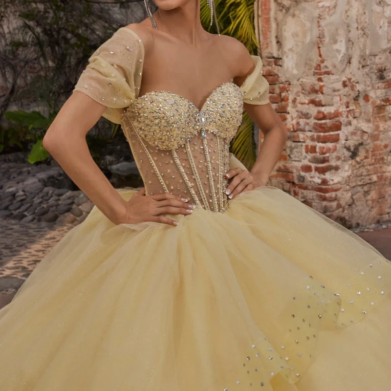 

Shiny Yellow Quinceanera Dress off-shoulder Glitter Crystal Decal Layering Long tail Bow vestidos de 15 Quinceanera ﻿Customized