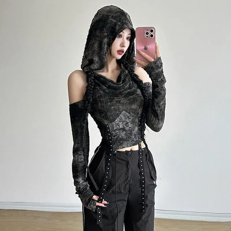 Immagine 5: Top Strappato a Maniche Lunghe, Vestibilità Slim, Fresco e Delizioso, con Cappuccio, T-Shirt Sexy, Pullover, Maglietta Corta per Donne