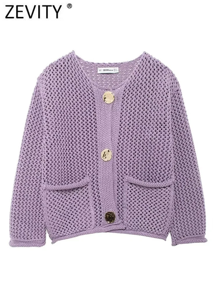 Zevity New Women O Neck Coarse Needle Long Sleeved Knitted Sweater Jacket Female Chic Pockets Design Crop Coats Chic Tops CT7124