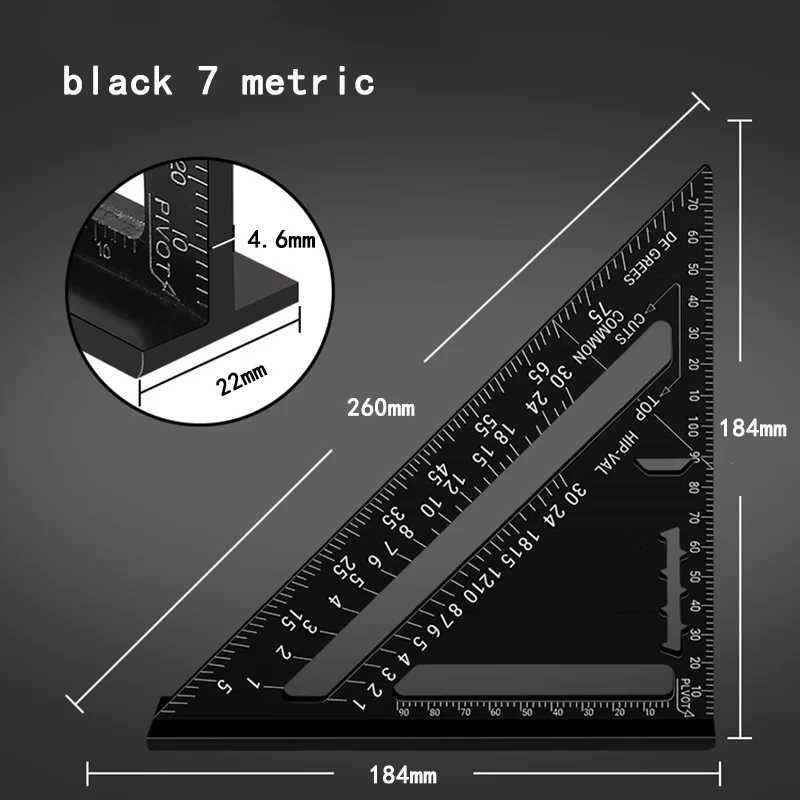 7/12 Zoll Aluminium-Dreieckslineal, Tischler-Messlayout-Werkzeug, quadratischer und metrischer/impernischer Winkelmesser für die Holzbearbeitung – Detail 7