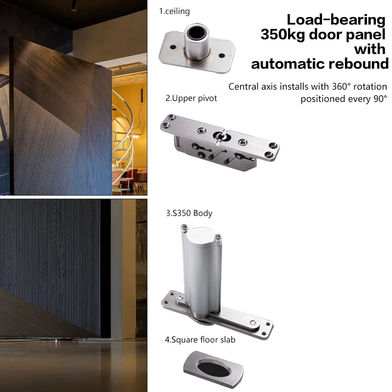 Heavy Duty Wood Door Center Axis Rotating Hinge With 360° Rotation Positioning Floor Spring No Groove For Invisible Door