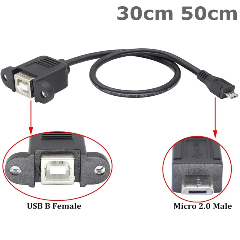 0.3m com furo de parafuso de montagem em painel usb 2.0 b soquete fêmea para micro usb cabo macho de 5 pinos para conector de scanner de impressora de computador