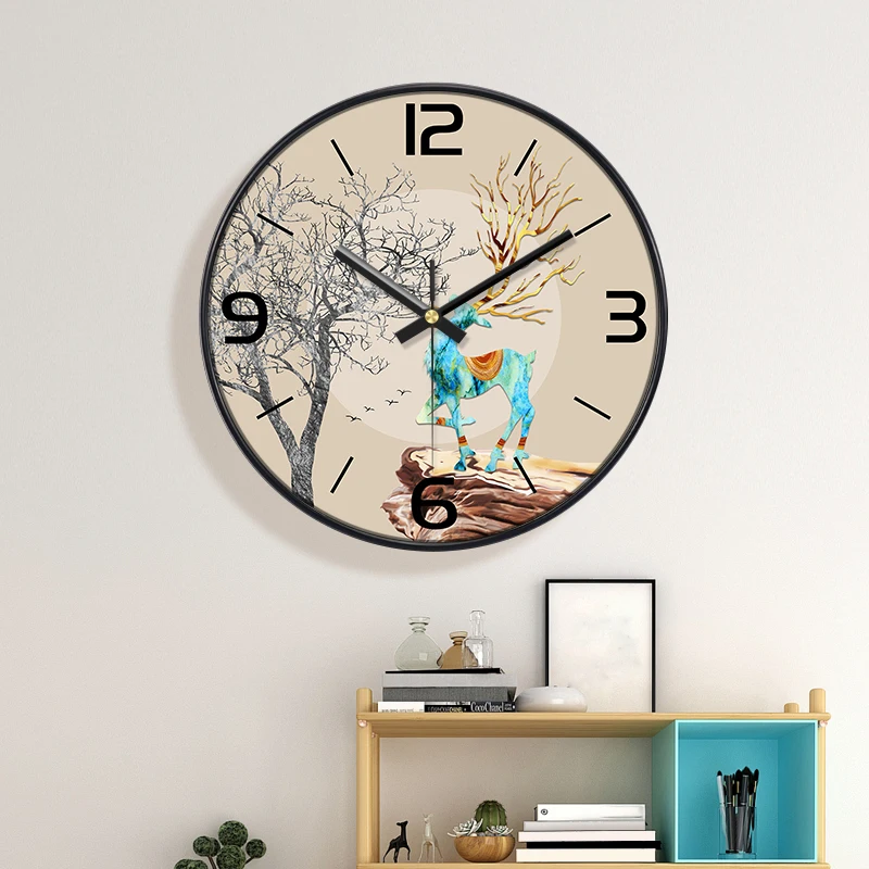Bohemia Wall Clock Watercolor Deer Silent Non-Ticking Modern Art Timepiece Black Frame Decor for Home Living Room & Office