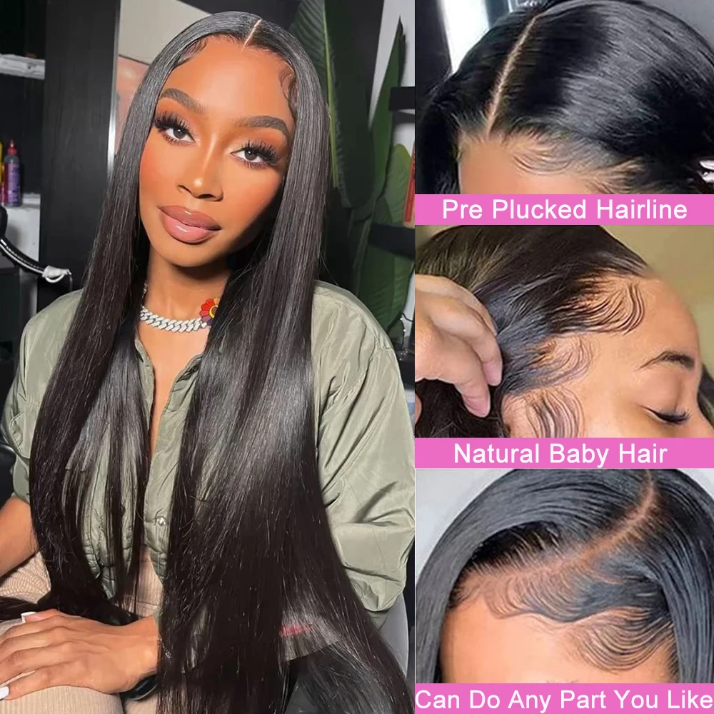 Perruque Lace Front Wig sans colle naturelle lisse, cheveux humains, pre-à-porter, 13x4, 30 32 34 pouces, 13x6, 5x5 6tage