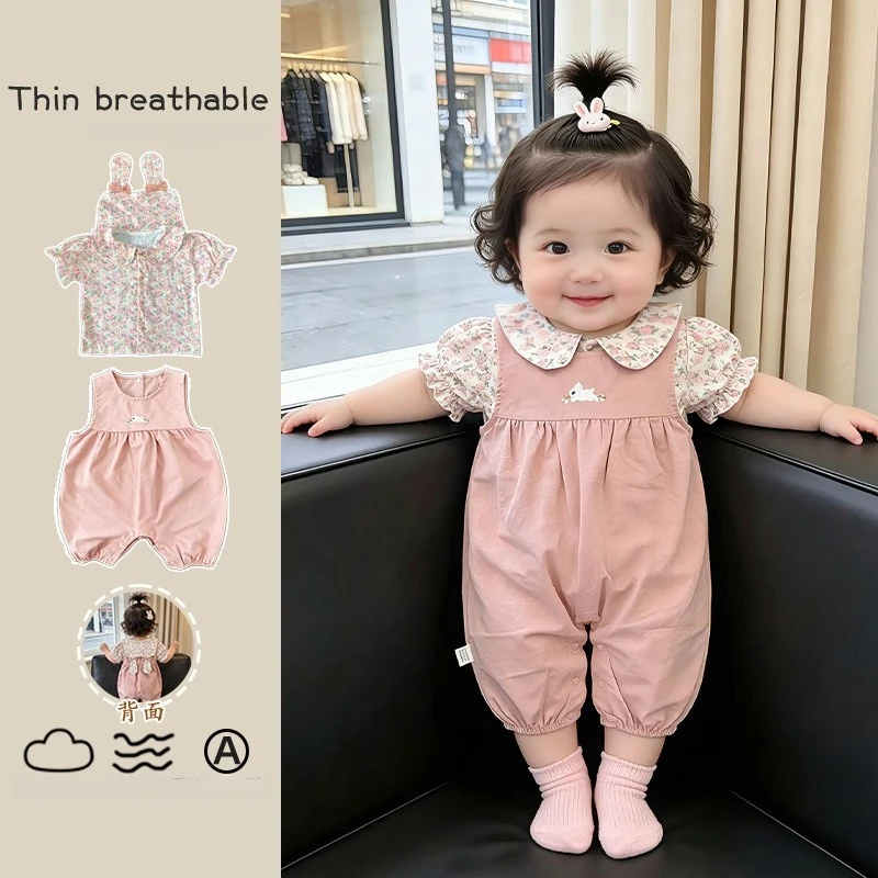ZOETOPKID Spring Autumn Baby Suit Sweet Floral Doll Collar Shirt Cute Rabbit Embroidery Suit 2-Piece Set Baby Girl Rompers