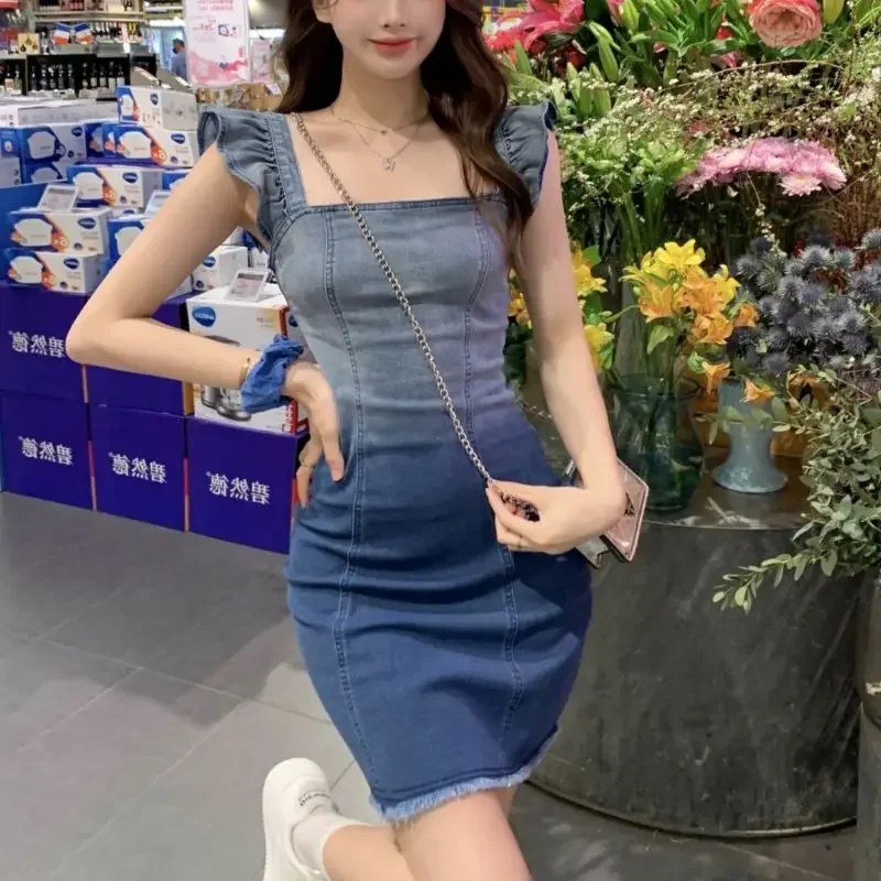 Mini denim senza maniche corto fata donna abito corsetto aderente aderente carino kawaii vestiti casual gioventù in vendita abiti per le donne