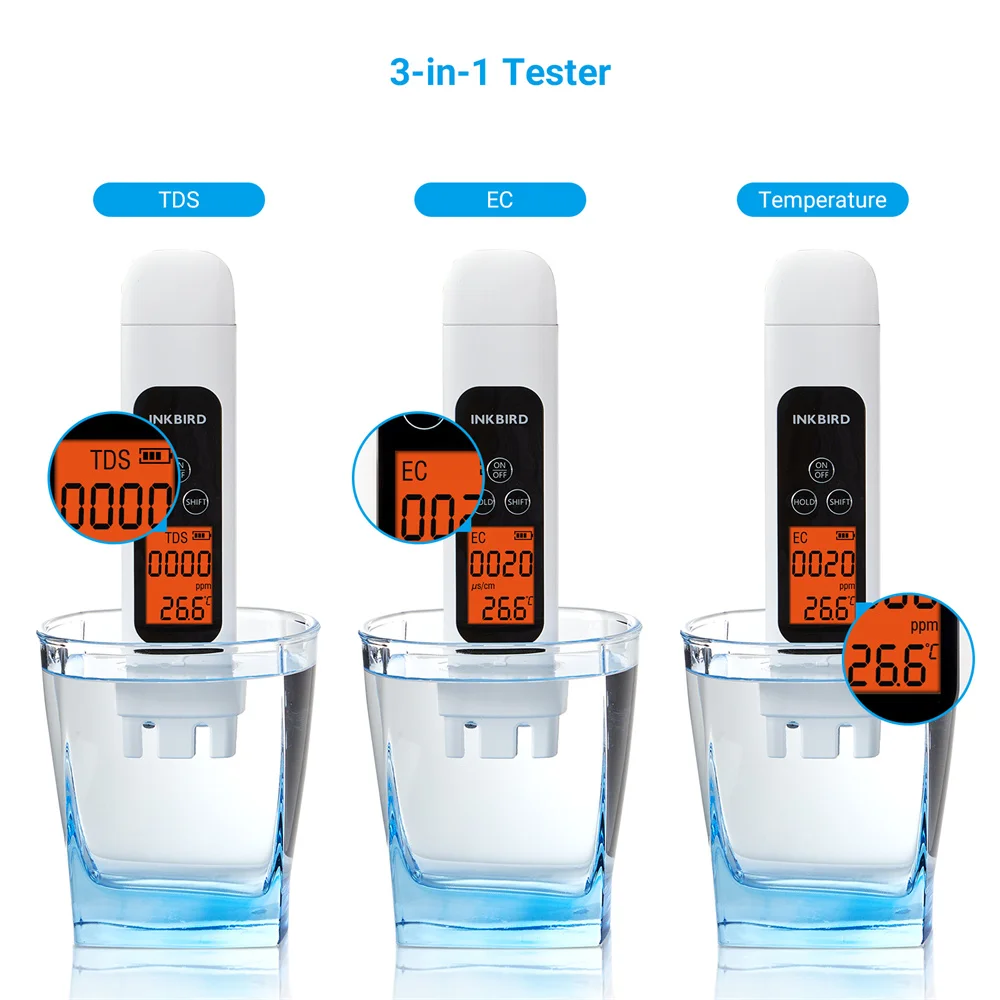 INKBIRD Water Quality Tester TDS EC & Temperature 3-in-1Instant Reading with High Accuracy Water Tester for Drinking Water