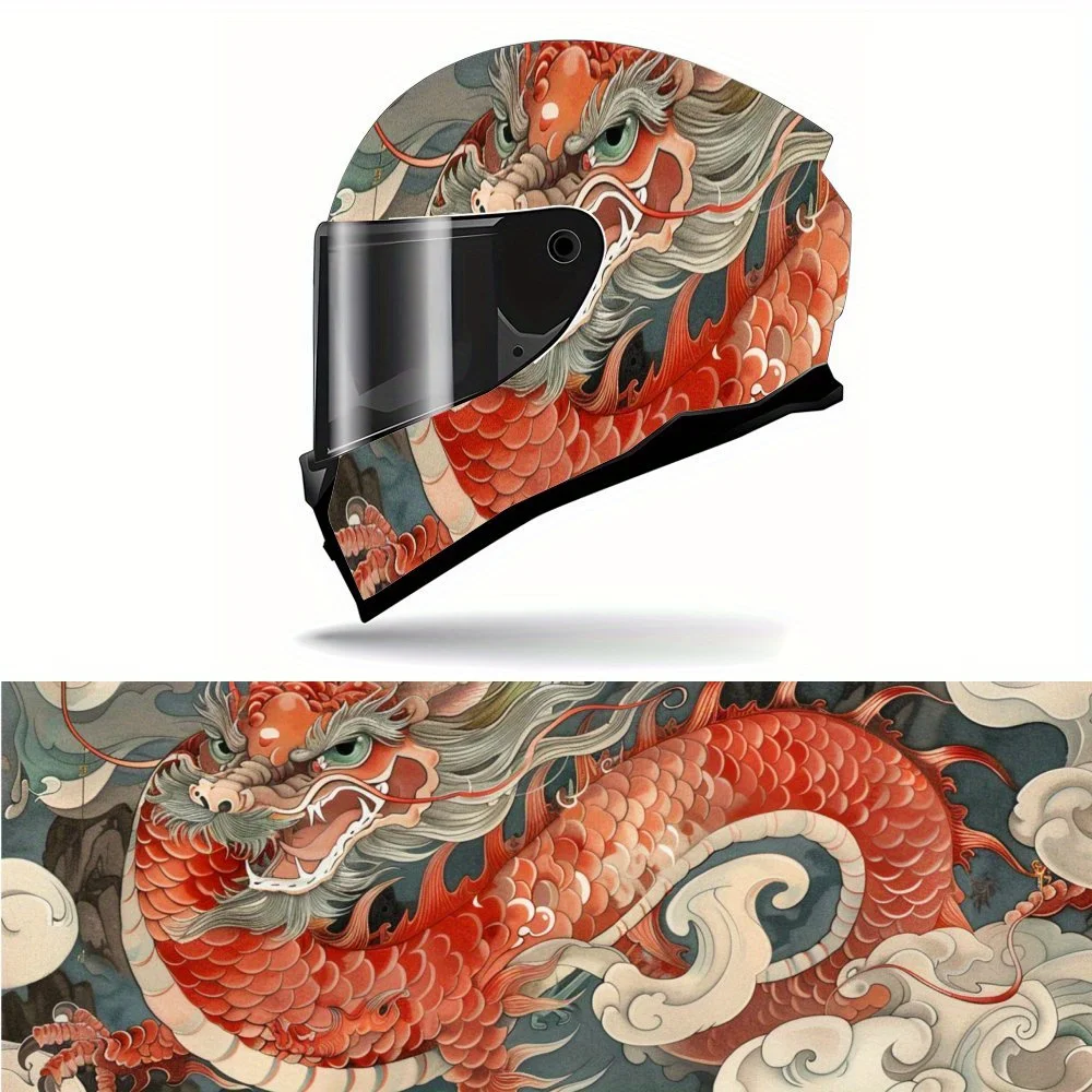 

Oriental Style Red Dragon and White Clouds Motorcycle Helmet Vinyl Wraps Decal, Self-adhesive Waterproof Helmet Decoration, DIY