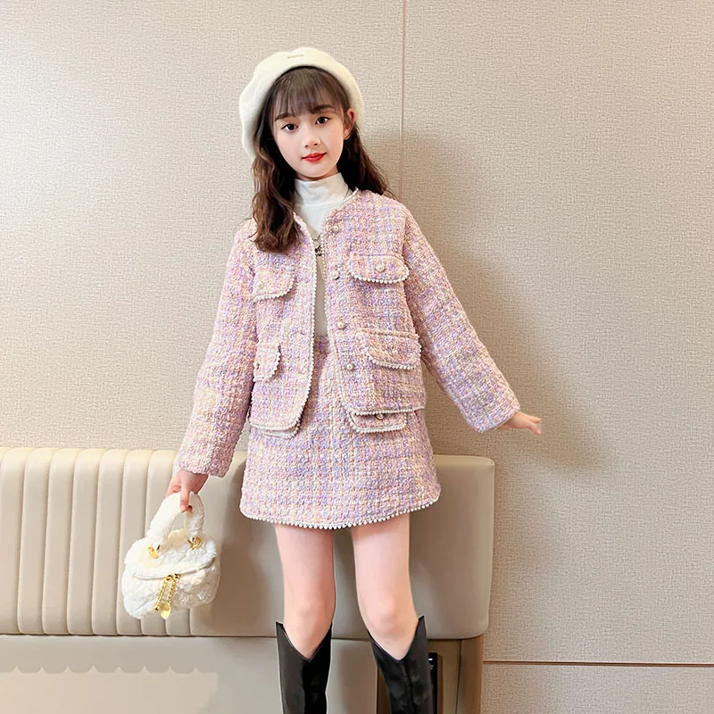 design junior girls skirt clothes set pearl edge Thickened jacket+Hip wrap skirt 2pcs teen kid suit child ensemble short outfits