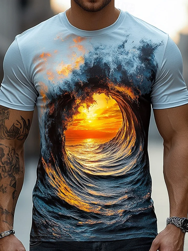 Summer Daily Casual Men's Loose-fitting Top 3D Wave Print Men's T-shirt Outdoor Seaside Men's Fashionable Short-sleeved Shirt