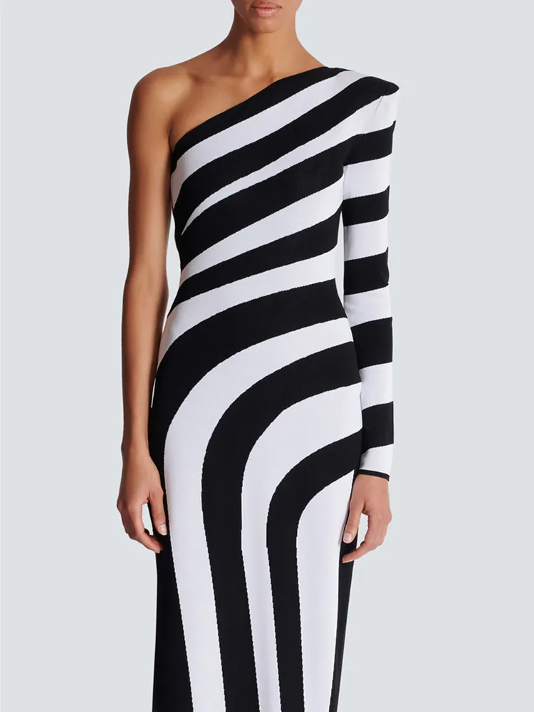 Women Celebrity Sexy One Shoulder Striped Jacquard Maxi Long Split Bodycon Bandage Dress 2024 Evening Club Party Luxury Wrap