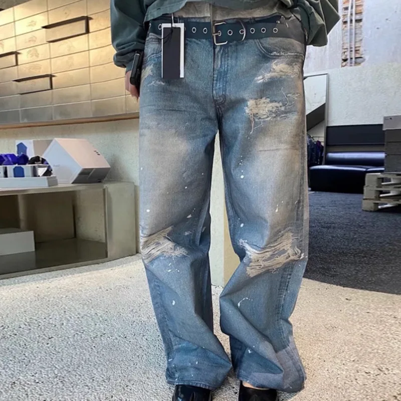 HKSH Primavera Estate dei Nuovi Uomini di High Street Chic Moda Distressed Jeans Lavati Chic Contrasto di Colore Dritto Pantaloni a Gamba Larga HK7030