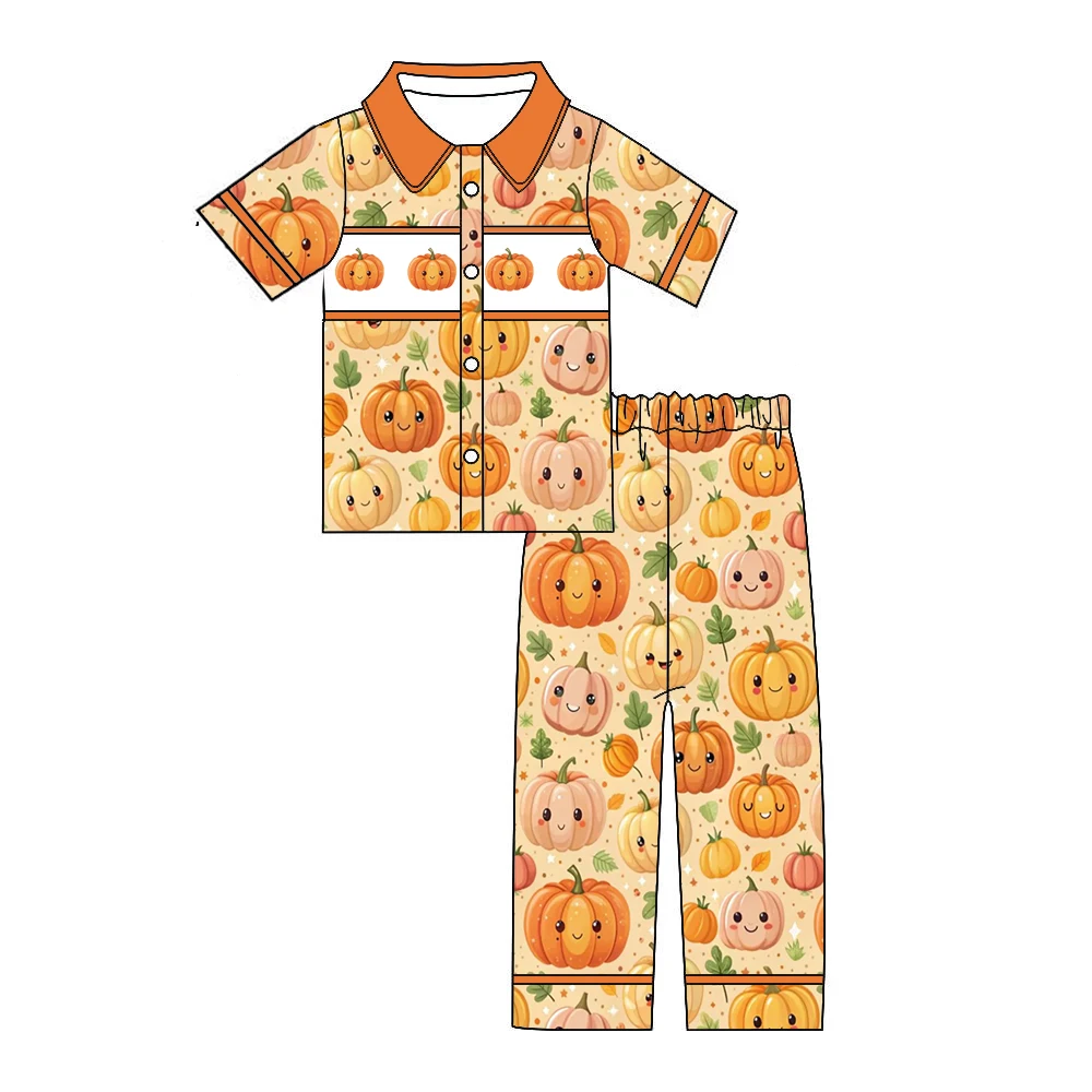 Thanksgiving Boutique Children's Set Pumpkin Print Short Sleeve Elastic Trousers Elastic Girls Boys Pajamas Set