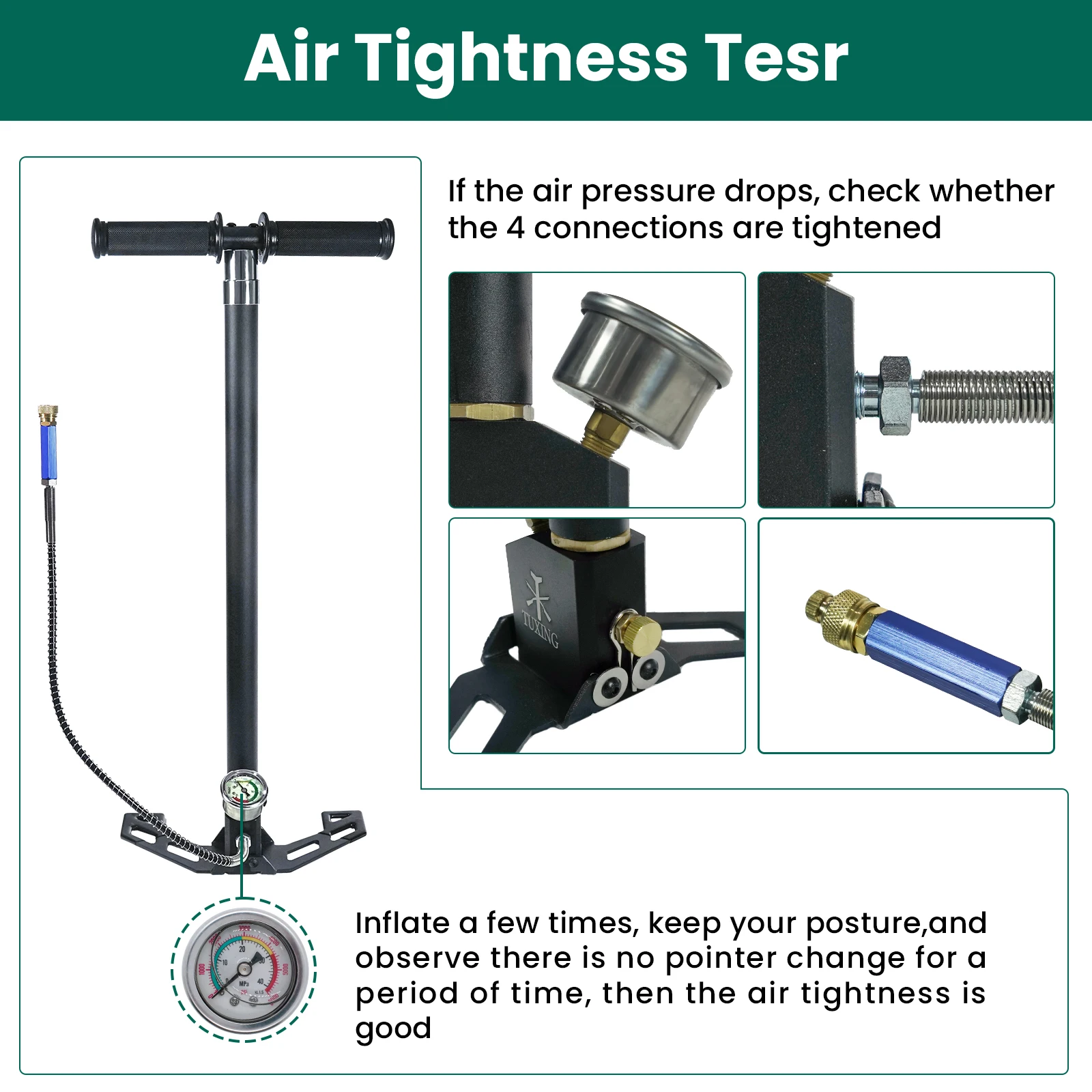 TUXING 4 Stage PCP Pump 4500PSI with Pressure Gauge Air Hand Stirrup Pump for Pistols, Rifles, Air Guns, Car Bicycle Hunting