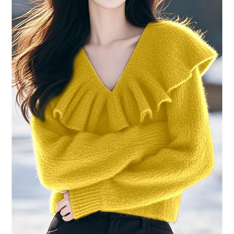 Stylish Elegant Retro Solid Color V-neck Long Sleeve 2024 Autumn New Sweater Knitted Pullover Women's Commuter Top