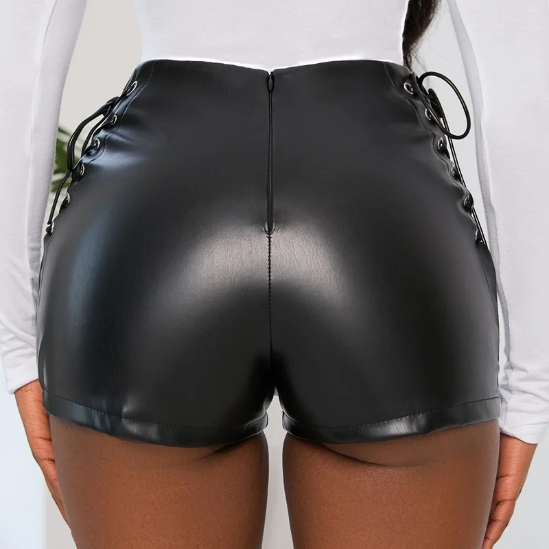 Short taille haute pour femme, bandage élastique, streetwear fitness, fjdrums, shorts décontractés en latex, pantalons noirs, tenues