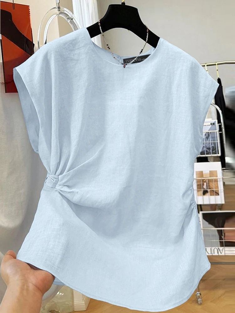 

ZANZEA 2025 женская летняя блузка без рукавов, стильная офисная рубашка, модные праздничные Blusas Mujer, повседневные однотонные свободные топы с круглым вырезом