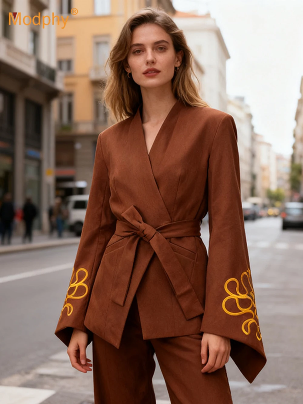 

Женская облегающая куртка Modphy в стиле ретро с вышивкой, женский темпераментный костюм с рукавами-трубой и завязкой на талии, костюм с асимметричным подолом, блейзер