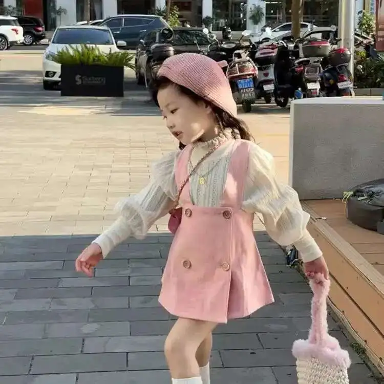 

New Baby Girls Fall Boutique Fashion Sets Long Sleeve Knitting Blouse + Suspend Dress Princess Cute Pink Suits 2-7T