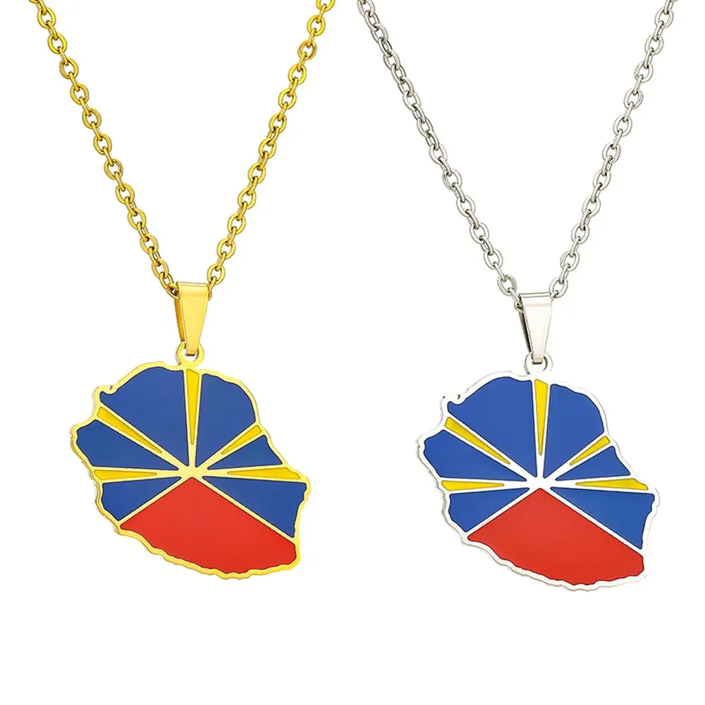 French Reunion Map Pendant Necklace Stainless Steel Française La Réunion Island Chain Collar Clavicle Choker Hometown Gifts