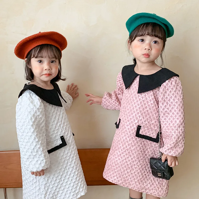 Girls' Dress, Contrasting Collar, Bubble Grid Jacquard Children's Long Sleeved Skirt, French Temperament Children's Skirt