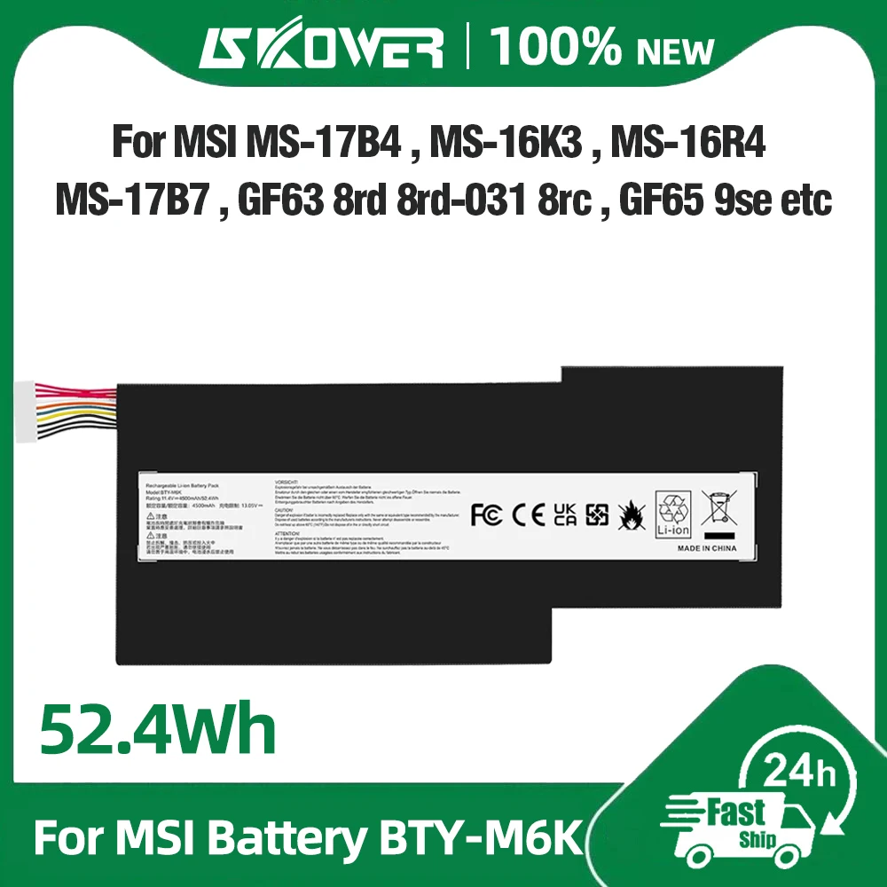 

Аккумулятор SKOWER BTY-M6K для MSI MS-16R1/R3 GF63 8RC 8RD 9SC 9SCXR GF65 THIN 10SDR GF75 GS63VR GS73VR 7RG Stealth Pro WP65 MS-17F4