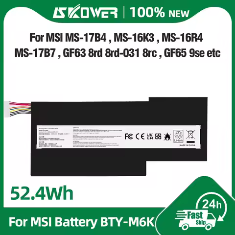SKOWER BTY-M6K Battery for MSI MS-16R1/R3 GF63 8RC 8RD 9SC 9SCXR GF65 THIN 10SDR GF75 GS63VR GS73VR 7RG Stealth Pro WP65 MS-17F4