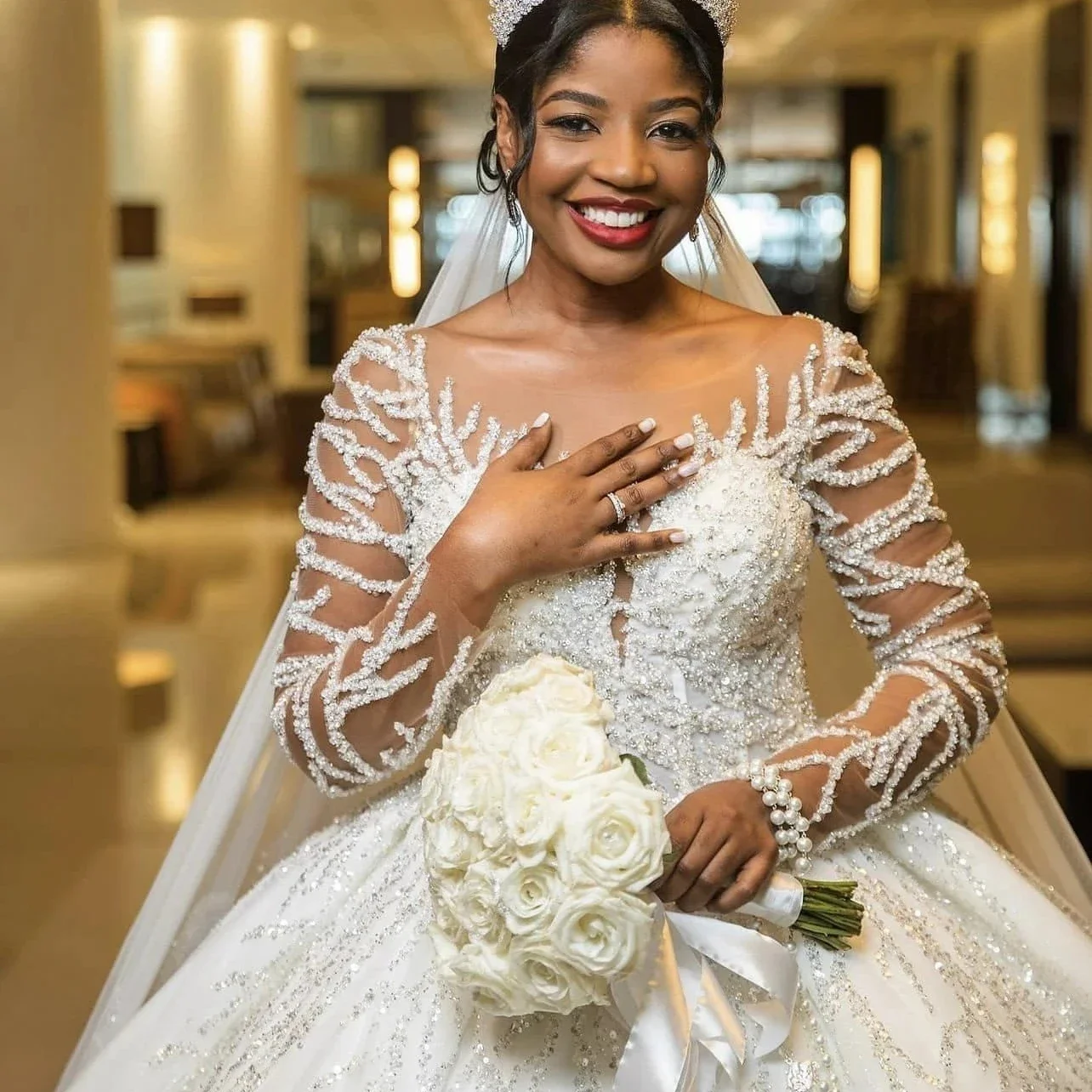 Vestido De novia elegante personalizado con cuentas brillantes y lentejuelas, bata De matrimonio árabe Aso Ebi, vestido De novia De manga larga