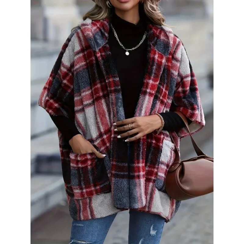 

Plus Size 1XL-5XL New Women's Fashion Hooded Loose Plaid Top Shawl cardigan Ladies Classic Plaid Print Casual Hooded Sweatshirt