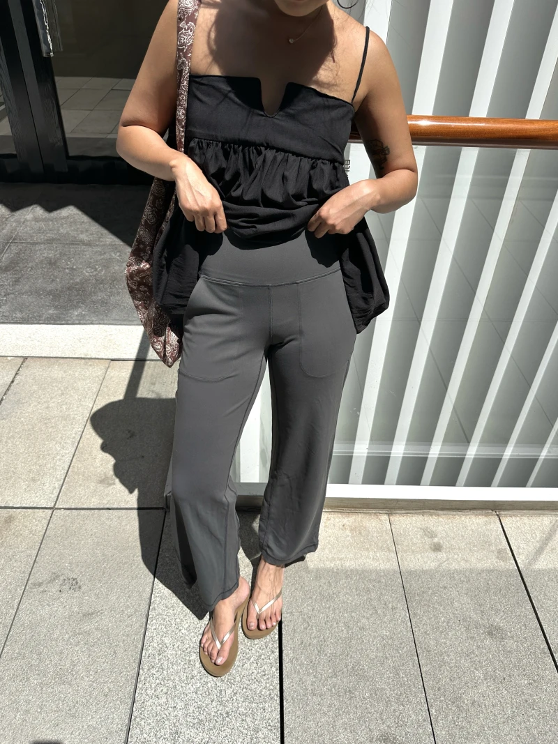 

Ultra Comfortable Yoga Pants High Waist Wide Leg Nine Points Fabric Walking Pants Straight Cut Elastic Waist Nylon Spandex