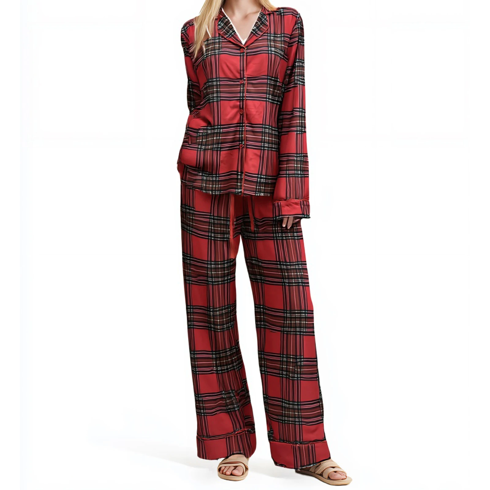 

Женский осенний клетчатый пижамный комплект из двух предметов, топы на пуговицах с длинными рукавами и брюки с эластичной резинкой на талии