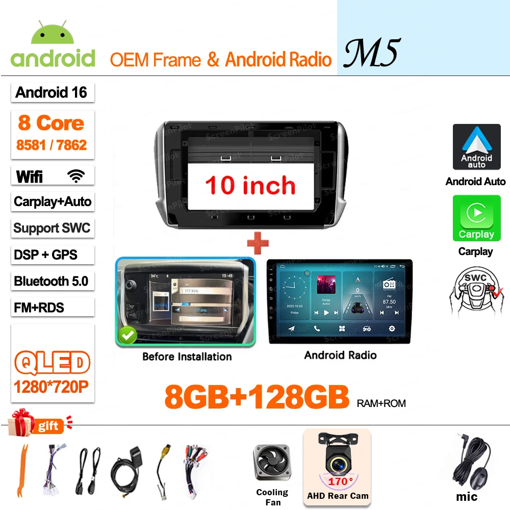 Autoradio Multimedia Speler Voor Peugeot 2008 208 2014-2018 Draadloze CarPlay Android 16 Auto Intelligente Systemen Autoraido gereedschap