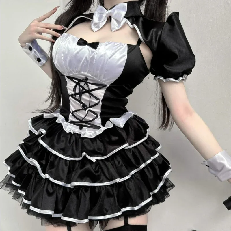 일본 한국 패션 메이드복 고딕 Y2K 로리타 드레스 여성 시크 보우 가디건 스윗 러플 슬림 스트랩 미니 드레스