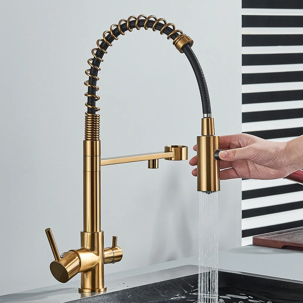 Pull Down Filter Kitchen Faucet Black 3 Way Drinking Pure Water Faucets Brass 360 Flexible Purification Water Mixer Tap