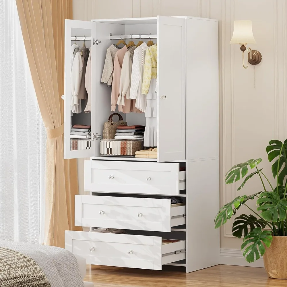 خزانة ملابس Armoire مع أدراج ومرآة، خزانة تخزين ملابس مقاس 71 بوصة مع قضيب تعليق، خزانة ملابس خشبية ببابين C