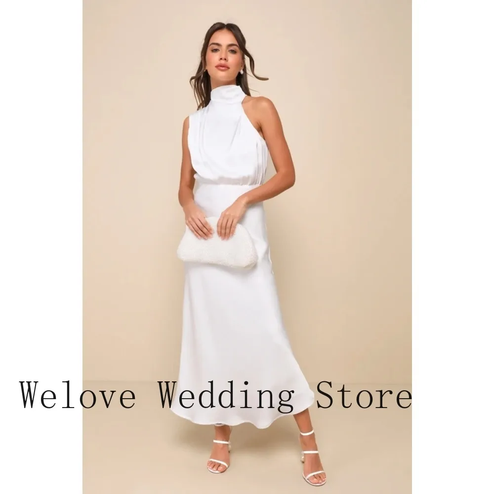 

Elegant White Satin Halter Midi Gown Cowl Neck Sleeveless Flowy Silhouette Wedding Bridal Shower Engagement Formal Gown