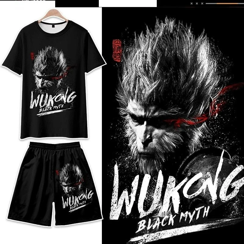 2PCS Men's T-shirt Set Fashion Black Myth WuKong Funny T-shirt Men Summer Casual Male T-Shirt Hipster Hip-hop Homme Streetwear