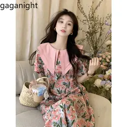 Gaganight Women Double Layered Doll Navy Collar Dress 2024 Summer New Fashionable Temperament Waist Length Floral Dresses Female