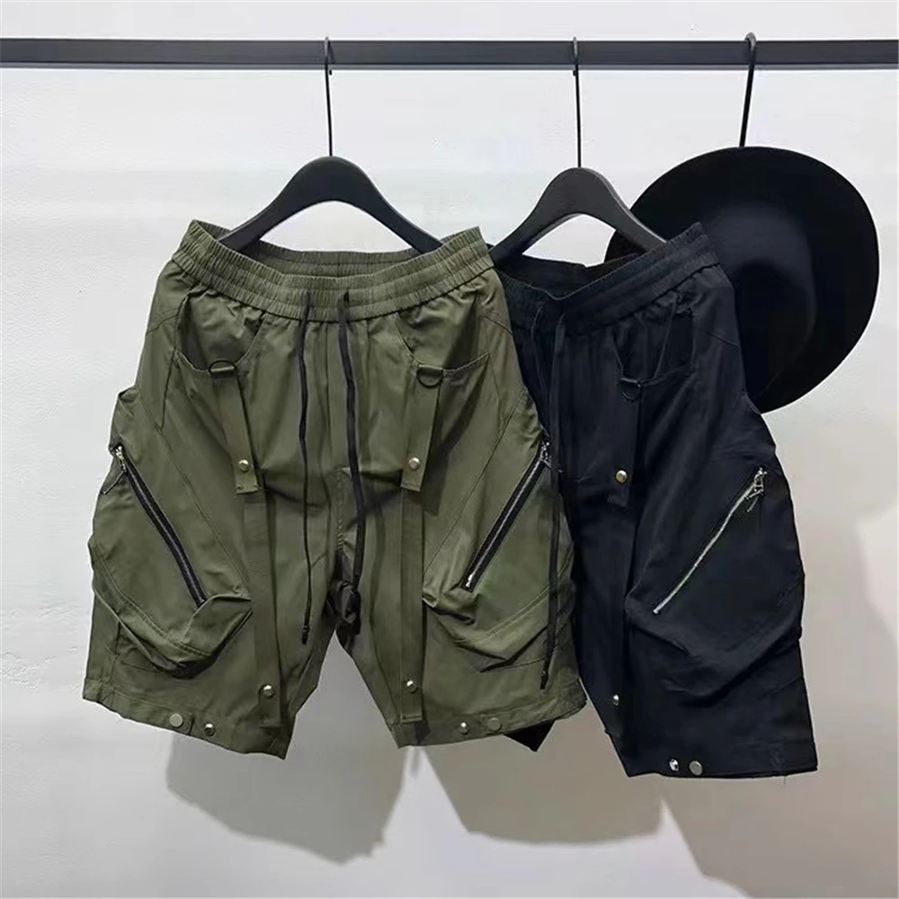 2024 Summer Cargo Shorts Multi Pocket Short Pant Tactical Functional Loose Streetwear Elastic Waist Shorts Black Techwear