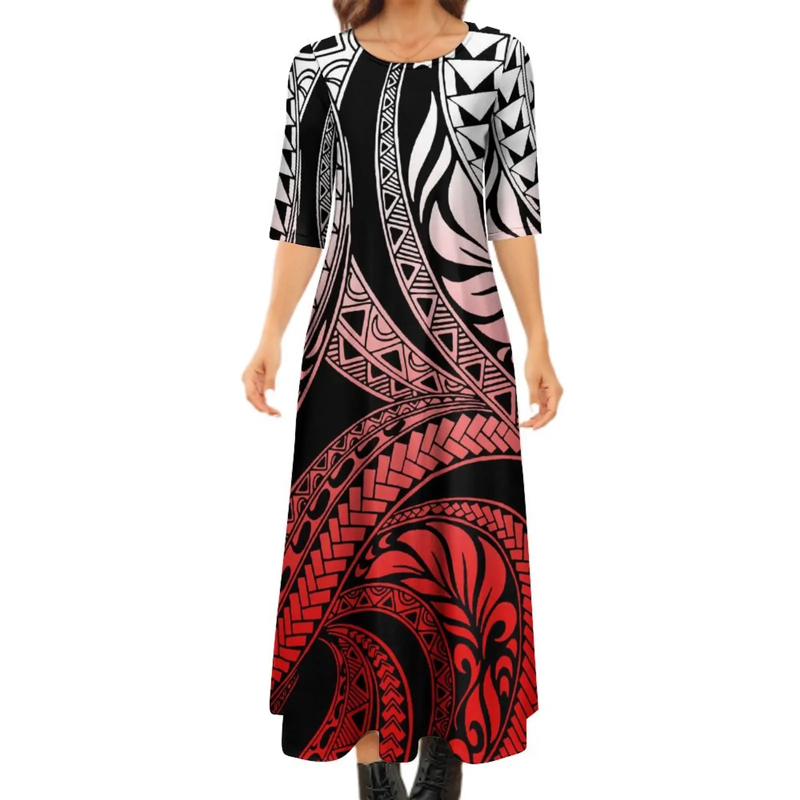 

Wholesale Price Samoan Tribe Lady Dresses Custom Hawaiian Flower Polynesian Print half Sleeve Big Size Woman Long Bodycon Dress