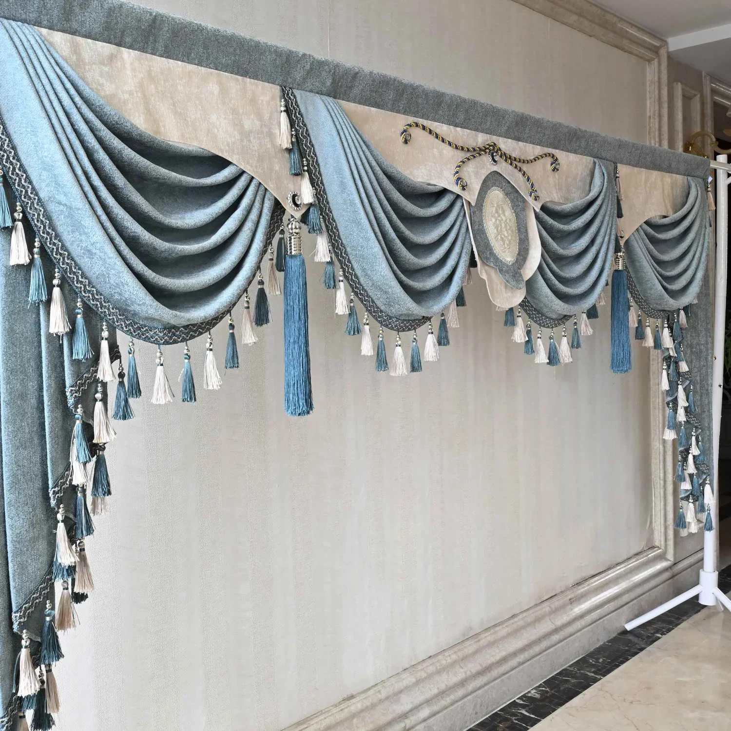 Custom European Luxury Blue Waterfall Valance for Living Room Curtain Heads with Elegant Tassel Beads Fringe Trim Home Drapes