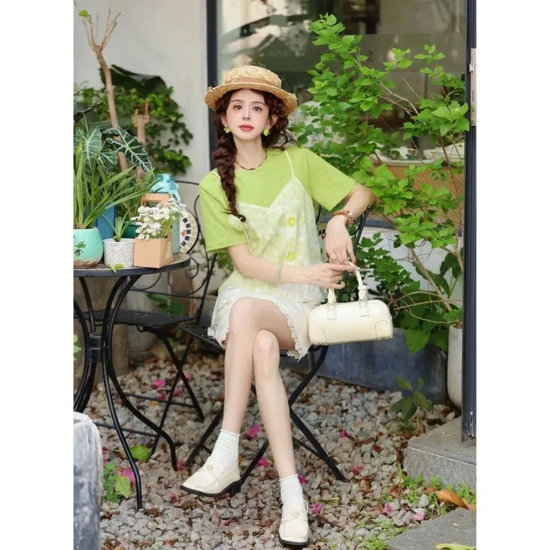Women Clothing Summer Korean Fashion All-match Fashionable Color Blocking O-neck Fake Two Pieces Loose Lace Short Sleeve Top Tee