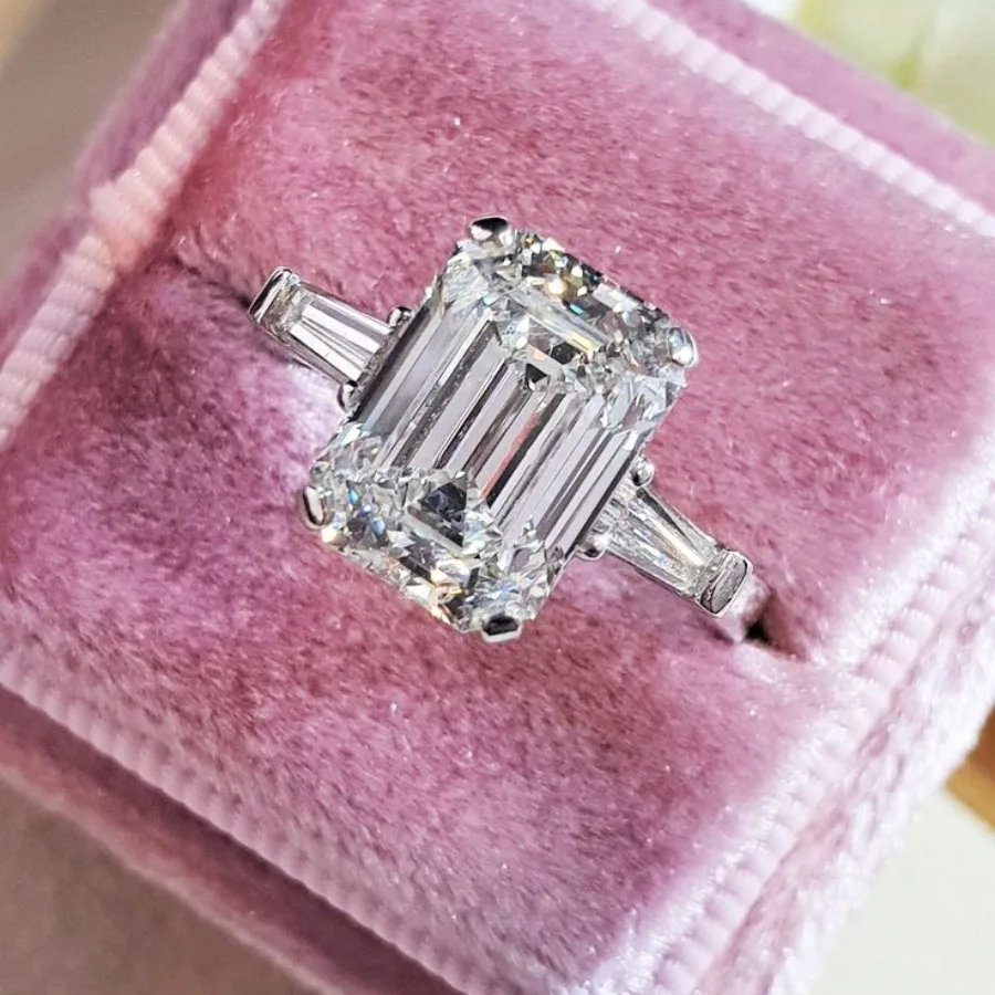 1/2/3/4Carat Emerald Cut Full Moissanite Engagement Rings Tapered Baguette Cut Diamond S925 Silver Wedding Rings for Women Gift