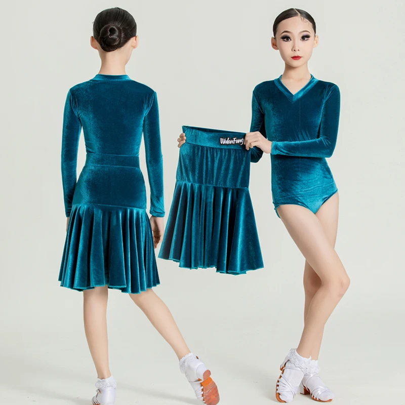 ที่กําหนดเองผู้หญิงเด็กสาวแจ๊สละตินเต้นรําชุดกํามะหยี่มืออาชีพการแข่งขันฝึกชุด Fringe กระโปรง