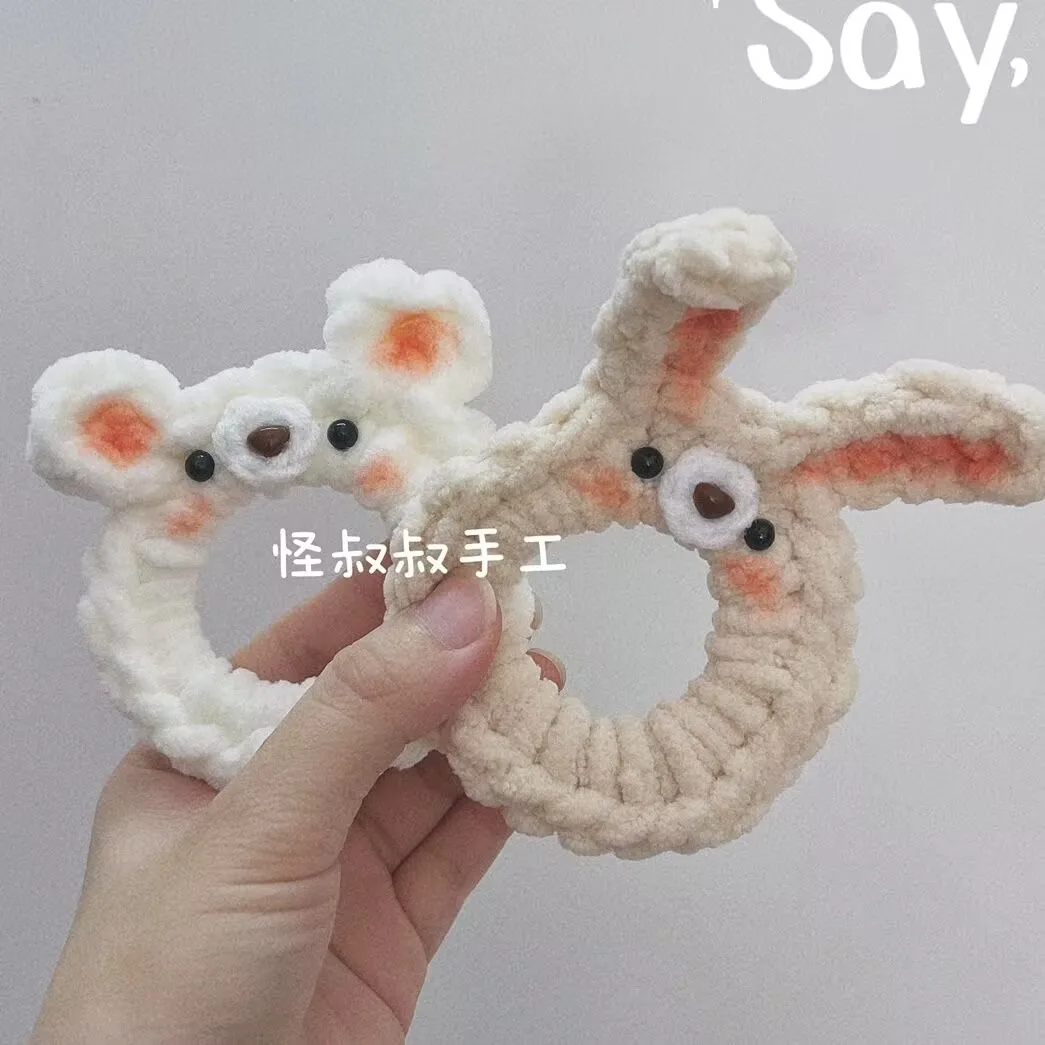 Rabbit ear handcrafted product,leather band,knitted wool,large intestine hair band,popular and cute cartoon bear couple headband