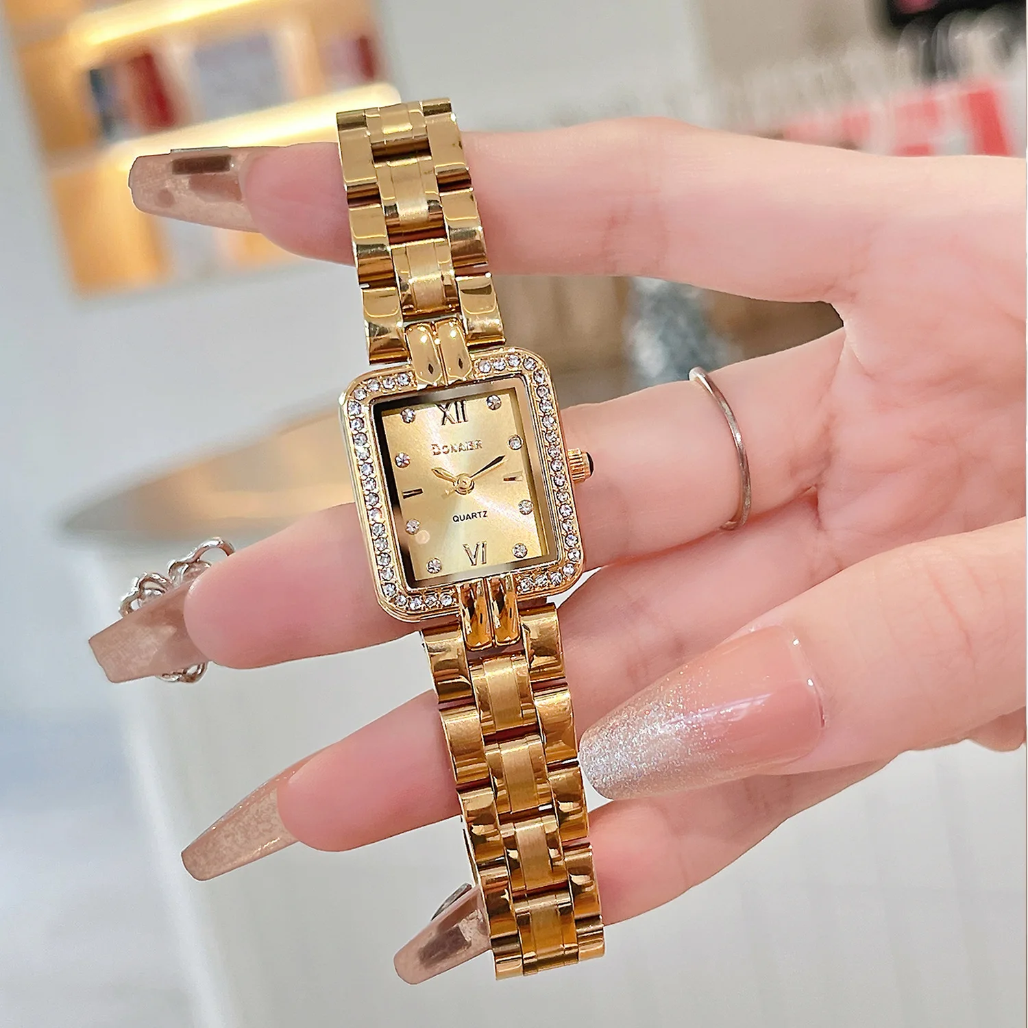 Classic Rectangular Alloy Quartz Watch for Women's Steel Strip Waterproof Luxury Rhinestone Elegant Clock Reloj Mujer