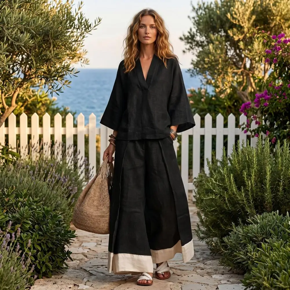 Women Two-piece Suit Women Outfit Women’s 2 Piece Set V Neck Top Color Block Wide Leg Pants Matching Outfit Summer for Women