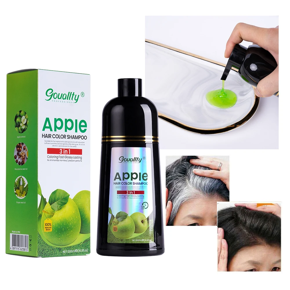 Gouallty Green Formula Black Hair Dye Shampoo Organic Easy Use 5 mins Fast Result Apple Hair Color For Cover Gray White Hair