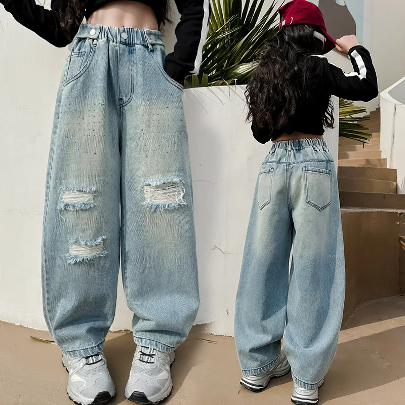 Teenager Girls' Ripped Broken Jeans 2024 New Kids Foreign Style Loose Casual Wide-leg Pants Children Spring and Autumn